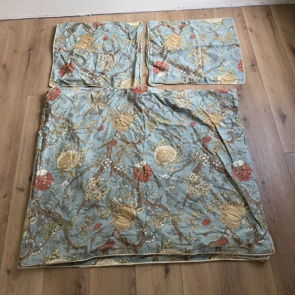 Pottery Barn Palampore Blue Floral King Duvet Cover 3 Euro Shams Cotton